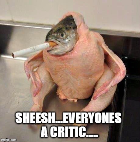 Neither Fish nor Fowl | SHEESH...EVERYONES A CRITIC..... | image tagged in critics,turkey,fish,smoking,wierd | made w/ Imgflip meme maker