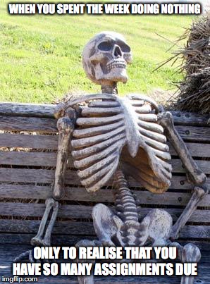 Waiting Skeleton | WHEN YOU SPENT THE WEEK DOING NOTHING; ONLY TO REALISE THAT YOU HAVE SO MANY ASSIGNMENTS DUE | image tagged in memes,waiting skeleton | made w/ Imgflip meme maker