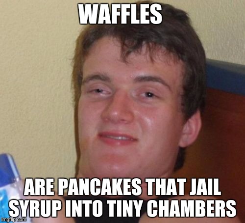 10 Guy Meme | WAFFLES; ARE PANCAKES THAT JAIL SYRUP INTO TINY CHAMBERS | image tagged in memes,10 guy | made w/ Imgflip meme maker