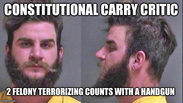 CONSTITUTIONAL CARRY CRITIC; 2 FELONY TERRORIZING COUNTS WITH A HANDGUN | image tagged in cjbmug | made w/ Imgflip meme maker