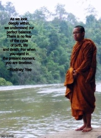 As we look deeply within, we understand our perfect balance. There is no fear of the cycle of birth, life and death. For when you stand in the present moment, you are timeless. ~Rodney Yee | image tagged in buddhist monk by river | made w/ Imgflip meme maker