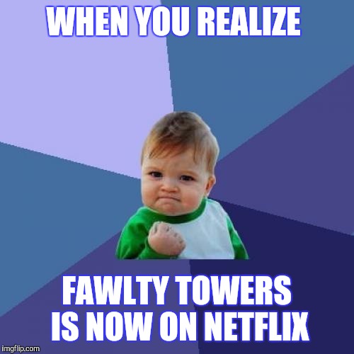 GETAPIECEOFCLEESE | WHEN YOU REALIZE; FAWLTY TOWERS IS NOW ON NETFLIX | image tagged in memes,success kid | made w/ Imgflip meme maker