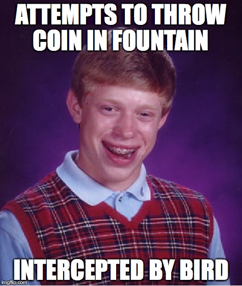 Bad Luck Brian | ATTEMPTS TO THROW COIN IN FOUNTAIN; INTERCEPTED BY BIRD | image tagged in memes,bad luck brian | made w/ Imgflip meme maker