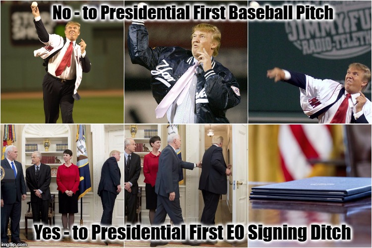 EO Signing Ditch & Baseball Pitch | No - to Presidential First Baseball Pitch; Yes - to Presidential First EO Signing Ditch | image tagged in donald trump,donald trump executive order,president,baseball,resist,pence | made w/ Imgflip meme maker