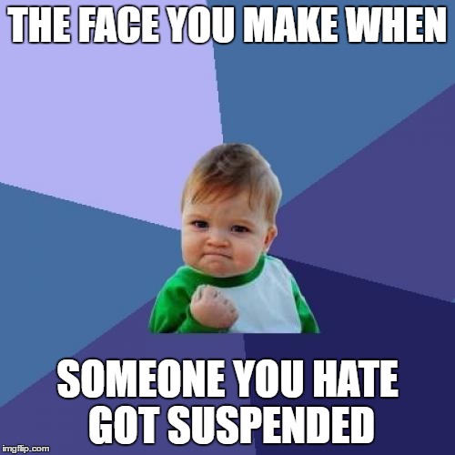 Success Kid Meme | THE FACE YOU MAKE WHEN; SOMEONE YOU HATE GOT SUSPENDED | image tagged in memes,success kid | made w/ Imgflip meme maker