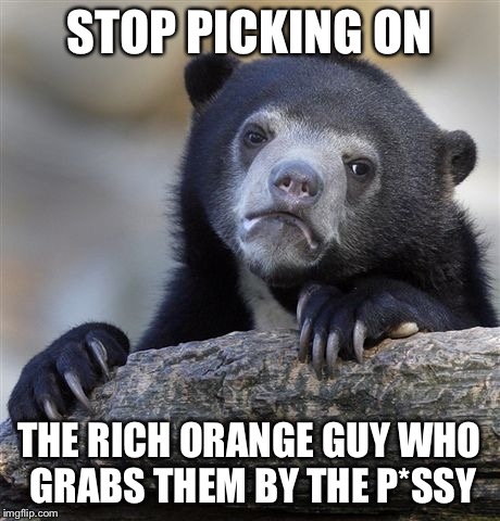 Confession Bear | STOP PICKING ON; THE RICH ORANGE GUY WHO GRABS THEM BY THE P*SSY | image tagged in memes,confession bear | made w/ Imgflip meme maker