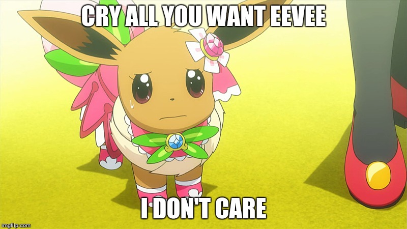 Look, a crying Eevee for Pokemon Week | CRY ALL YOU WANT EEVEE; I DON'T CARE | image tagged in memes,pokemon,eevee,cry baby | made w/ Imgflip meme maker