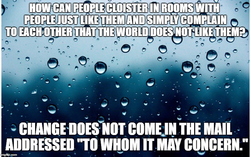 Sadness in a drop | HOW CAN PEOPLE CLOISTER IN ROOMS WITH PEOPLE JUST LIKE THEM AND SIMPLY COMPLAIN TO EACH OTHER THAT THE WORLD DOES NOT LIKE THEM? CHANGE DOES NOT COME IN THE MAIL ADDRESSED "TO WHOM IT MAY CONCERN." | image tagged in sadness in a drop | made w/ Imgflip meme maker