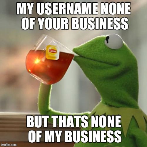 But That's None Of My Business | MY USERNAME NONE OF YOUR BUSINESS; BUT THATS NONE OF MY BUSINESS | image tagged in memes,but thats none of my business,kermit the frog | made w/ Imgflip meme maker