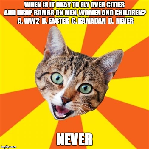 Bad Advice Cat Meme | WHEN IS IT OKAY TO FLY OVER CITIES AND DROP BOMBS ON MEN, WOMEN AND CHILDREN?  A. WW2  B. EASTER  C. RAMADAN  D.  NEVER; NEVER | image tagged in memes,bad advice cat | made w/ Imgflip meme maker