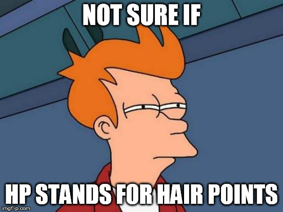 Futurama Fry Meme | NOT SURE IF HP STANDS FOR HAIR POINTS | image tagged in memes,futurama fry | made w/ Imgflip meme maker