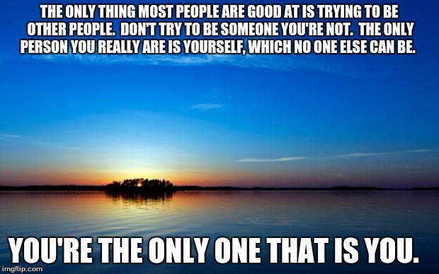 Inspirational Quote | THE ONLY THING MOST PEOPLE ARE GOOD AT IS TRYING TO BE OTHER PEOPLE.  DON'T TRY TO BE SOMEONE YOU'RE NOT.  THE ONLY PERSON YOU REALLY ARE IS YOURSELF, WHICH NO ONE ELSE CAN BE. YOU'RE THE ONLY ONE THAT IS YOU. | image tagged in inspirational quote | made w/ Imgflip meme maker