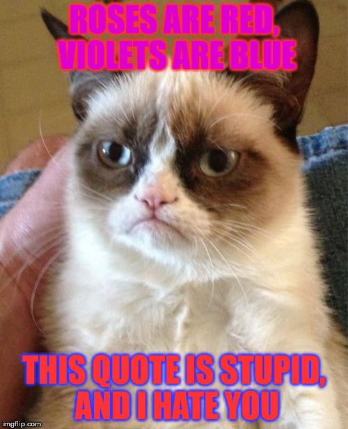 Grumpy Cat Meme | ROSES ARE RED, VIOLETS ARE BLUE; THIS QUOTE IS STUPID, AND I HATE YOU | image tagged in memes,grumpy cat | made w/ Imgflip meme maker