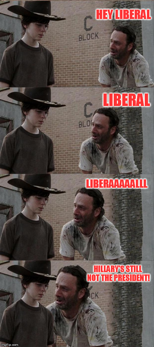 When I hear liberals continue to whine and complain about Trump... | HEY LIBERAL; LIBERAL; LIBERAAAAALLL; HILLARY'S STILL NOT THE PRESIDENT! | image tagged in memes,rick and carl long | made w/ Imgflip meme maker