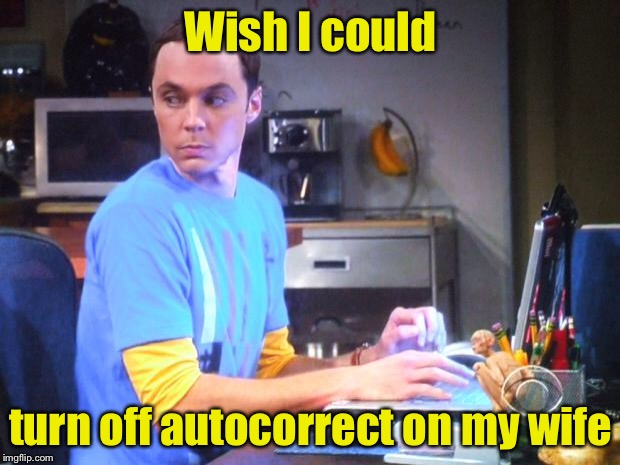 Wife 2.0 | Wish I could; turn off autocorrect on my wife | image tagged in sheldon computer,autocorrect | made w/ Imgflip meme maker