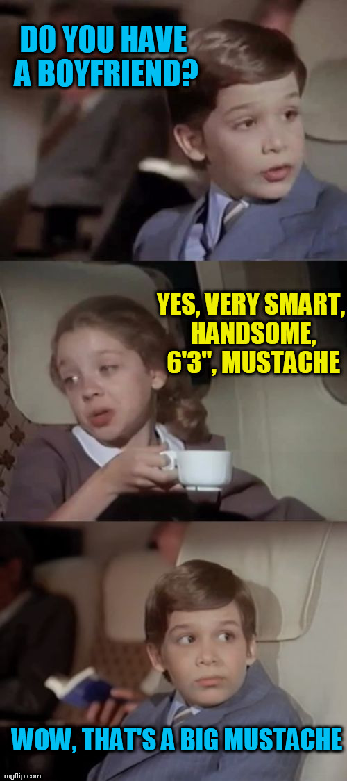 Airplane I Take It Black | DO YOU HAVE A BOYFRIEND? YES, VERY SMART, HANDSOME, 6'3", MUSTACHE; WOW, THAT'S A BIG MUSTACHE | image tagged in airplane i take it black | made w/ Imgflip meme maker