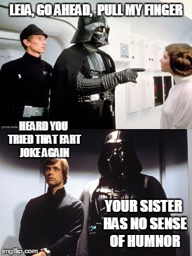 LEIA, GO AHEAD,  PULL MY FINGER; HEARD YOU TRIED THAT FART JOKE AGAIN; YOUR SISTER HAS NO SENSE OF HUMNOR | image tagged in star wars | made w/ Imgflip meme maker
