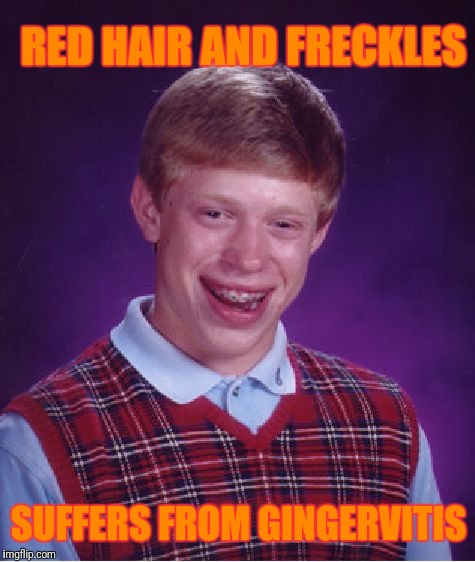 Bad Luck Brian Meme | RED HAIR AND FRECKLES; SUFFERS FROM GINGERVITIS | image tagged in memes,bad luck brian | made w/ Imgflip meme maker