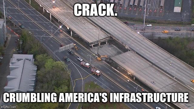 CRACK. CRUMBLING AMERICA'S INFRASTRUCTURE | image tagged in crack,america,atlanta,interstates,i85 | made w/ Imgflip meme maker