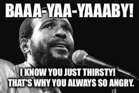 BAAA-YAA-YAAABY! I KNOW YOU JUST THIRSTY!   
THAT'S WHY YOU ALWAYS SO ANGRY. | image tagged in thirsty,horny,marvin gaye,angry | made w/ Imgflip meme maker