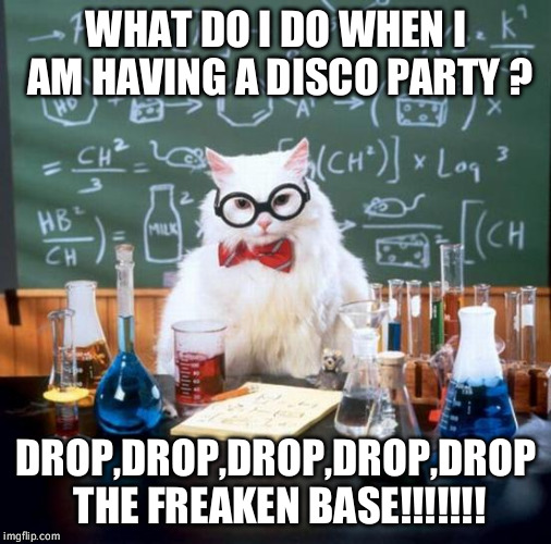 Chemistry Cat Meme | WHAT DO I DO WHEN I AM HAVING A DISCO PARTY ? DROP,DROP,DROP,DROP,DROP THE FREAKEN BASE!!!!!!! | image tagged in memes,chemistry cat | made w/ Imgflip meme maker