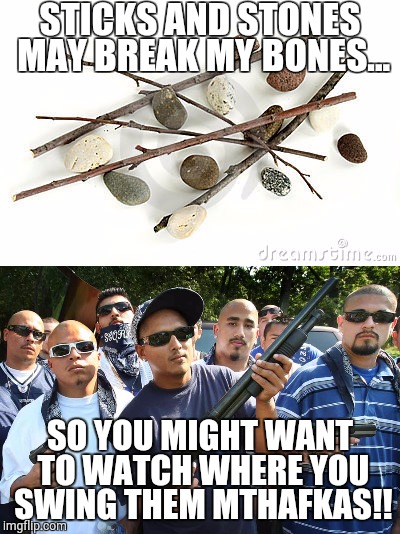 Times SUR are Changing | STICKS AND STONES MAY BREAK MY BONES... SO YOU MIGHT WANT TO WATCH WHERE YOU SWING THEM MTHAFKAS!! | image tagged in mexican gang members,funny memes,funny but true | made w/ Imgflip meme maker