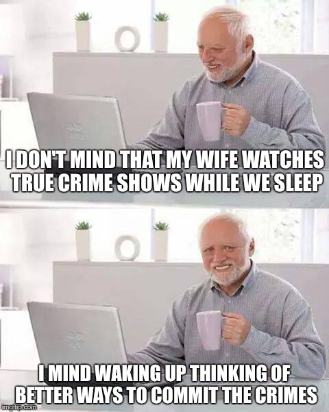 True Story! | I DON'T MIND THAT MY WIFE WATCHES TRUE CRIME SHOWS WHILE WE SLEEP; I MIND WAKING UP THINKING OF BETTER WAYS TO COMMIT THE CRIMES | image tagged in memes,hide the pain harold | made w/ Imgflip meme maker