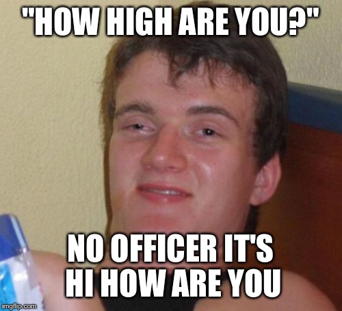 10 Guy | "HOW HIGH ARE YOU?"; NO OFFICER IT'S HI HOW ARE YOU | image tagged in memes,10 guy | made w/ Imgflip meme maker
