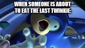 Sonic is TRIGERRED | WHEN SOMEONE IS ABOUT TO EAT THE LAST TWINKIE: | image tagged in sonic is trigerred | made w/ Imgflip meme maker