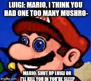 Drugged Mario | LUIGI: MARIO, I THINK YOU HAD ONE TOO MANY MUSHRO-; MARIO: SHUT UP LUIGI OR I'LL KILL YOU IN YOU'RE SLEEP | image tagged in drugged mario | made w/ Imgflip meme maker