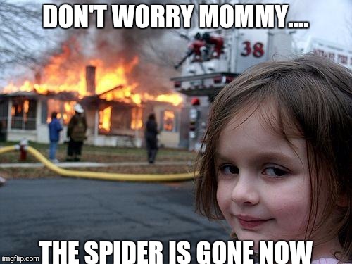 Disaster Girl Meme | DON'T WORRY MOMMY.... THE SPIDER IS GONE NOW | image tagged in memes,disaster girl | made w/ Imgflip meme maker