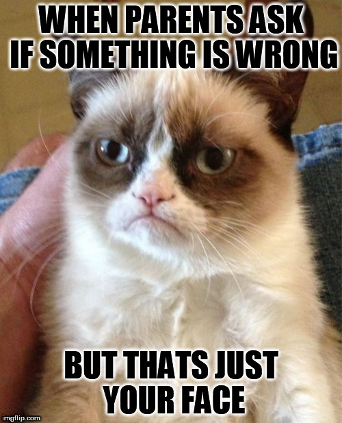 Grumpy Cat | WHEN PARENTS ASK IF SOMETHING IS WRONG; BUT THATS JUST YOUR FACE | image tagged in memes,grumpy cat | made w/ Imgflip meme maker