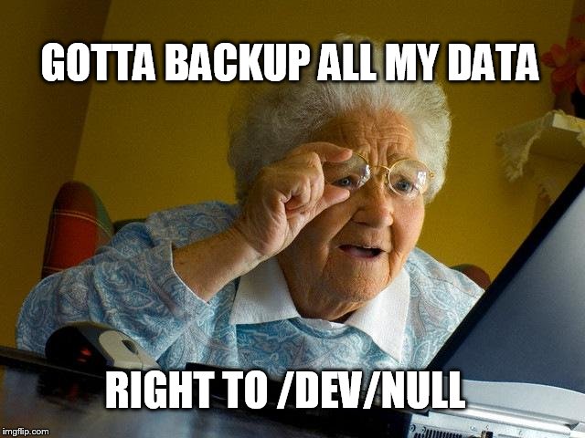 Grandma Finds The Internet Meme | GOTTA BACKUP ALL MY DATA; RIGHT TO /DEV/NULL | image tagged in memes,grandma finds the internet | made w/ Imgflip meme maker