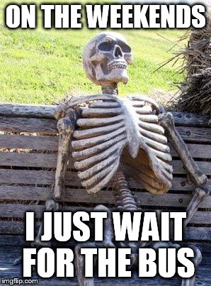 Waiting Skeleton | ON THE WEEKENDS; I JUST WAIT FOR THE BUS | image tagged in memes,waiting skeleton | made w/ Imgflip meme maker