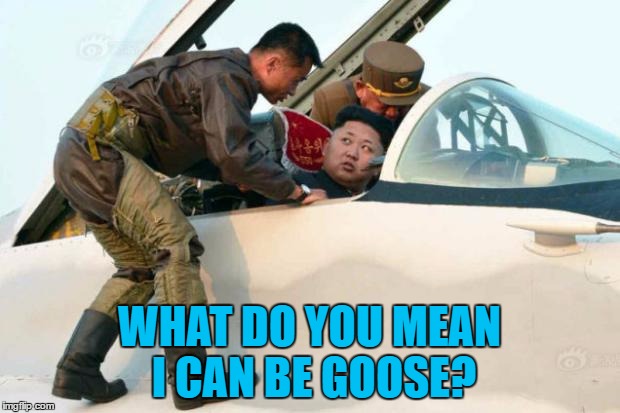 I feel the need the need... for an in-flight meal :) | WHAT DO YOU MEAN I CAN BE GOOSE? | image tagged in kim jong un,memes,north korea,fat boy kim,top gun,goose | made w/ Imgflip meme maker