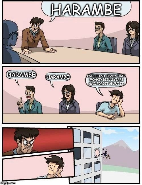 Enough Already | HARAMBE; HARAMBE; ENOUGH ALL READY THAT MONKEY DIED 2 YEARS AGO. FORGET ABOUT IT. HARAMBE | image tagged in memes,boardroom meeting suggestion,herambe | made w/ Imgflip meme maker