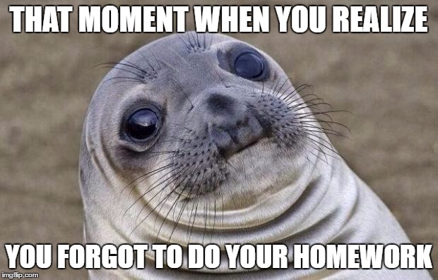 Awkward Moment Sealion | THAT MOMENT WHEN YOU REALIZE; YOU FORGOT TO DO YOUR HOMEWORK | image tagged in memes,awkward moment sealion | made w/ Imgflip meme maker