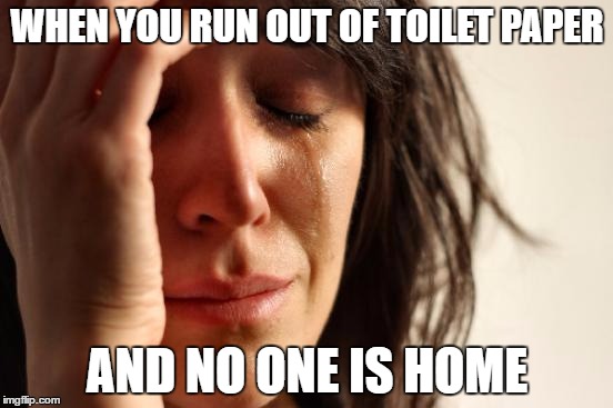 First World Problems Meme | WHEN YOU RUN OUT OF TOILET PAPER; AND NO ONE IS HOME | image tagged in memes,first world problems | made w/ Imgflip meme maker