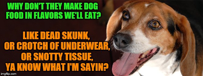 Askin' for a friend | WHY DON'T THEY MAKE DOG FOOD IN FLAVORS WE'LL EAT? LIKE DEAD SKUNK, OR CROTCH OF UNDERWEAR, OR SNOTTY TISSUE, YA KNOW WHAT I'M SAYIN? | image tagged in memes,dogs,dogfood | made w/ Imgflip meme maker