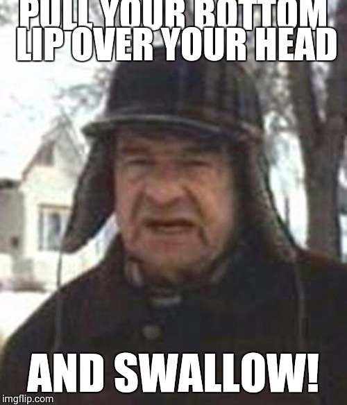 walter matthau grumpy old men | PULL YOUR BOTTOM LIP OVER YOUR HEAD; AND SWALLOW! | image tagged in walter matthau grumpy old men | made w/ Imgflip meme maker
