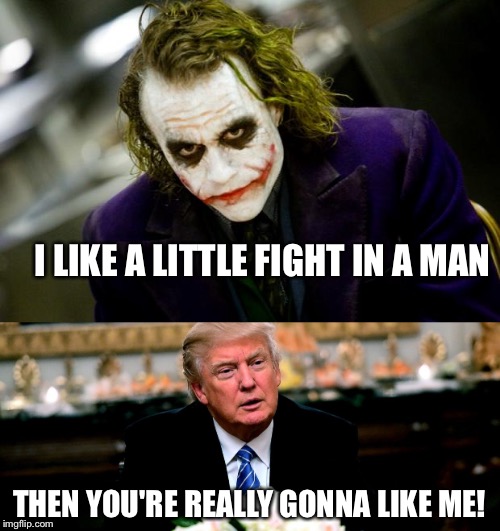 Trump | I LIKE A LITTLE FIGHT IN A MAN; THEN YOU'RE REALLY GONNA LIKE ME! | image tagged in batman slapping robin | made w/ Imgflip meme maker