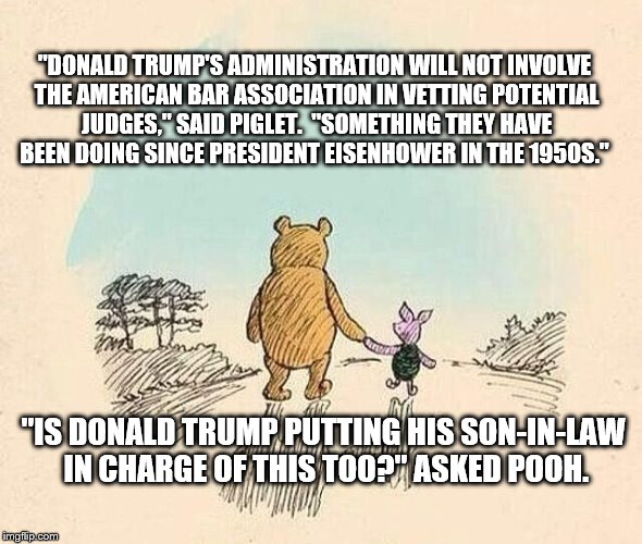 Pooh and Piglet | "DONALD TRUMP'S ADMINISTRATION WILL NOT INVOLVE THE AMERICAN BAR ASSOCIATION IN VETTING POTENTIAL JUDGES," SAID PIGLET.  "SOMETHING THEY HAVE BEEN DOING SINCE PRESIDENT EISENHOWER IN THE 1950S."; "IS DONALD TRUMP PUTTING HIS SON-IN-LAW IN CHARGE OF THIS TOO?" ASKED POOH. | image tagged in pooh and piglet | made w/ Imgflip meme maker