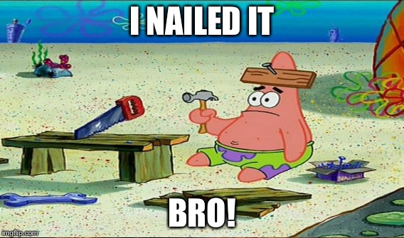 You did bro | I NAILED IT; BRO! | image tagged in bro,nailed it,perfect,spongebob,patrick star,funny | made w/ Imgflip meme maker