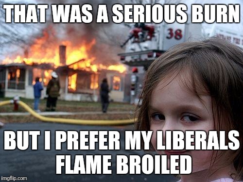 Disaster Girl Meme | THAT WAS A SERIOUS BURN BUT I PREFER MY LIBERALS FLAME BROILED | image tagged in memes,disaster girl | made w/ Imgflip meme maker