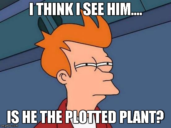 Futurama Fry Meme | I THINK I SEE HIM.... IS HE THE PLOTTED PLANT? | image tagged in memes,futurama fry | made w/ Imgflip meme maker