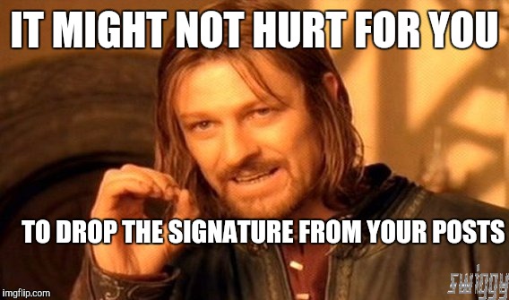 One Does Not Simply Meme | IT MIGHT NOT HURT FOR YOU TO DROP THE SIGNATURE FROM YOUR POSTS | image tagged in memes,one does not simply | made w/ Imgflip meme maker