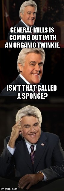 Jay Leno joke or bad pun | GENERAL MILLS  IS COMING OUT WITH AN ORGANIC TWINKIE. ISN’T THAT CALLED A SPONGE? | image tagged in jay leno joke or bad pun | made w/ Imgflip meme maker