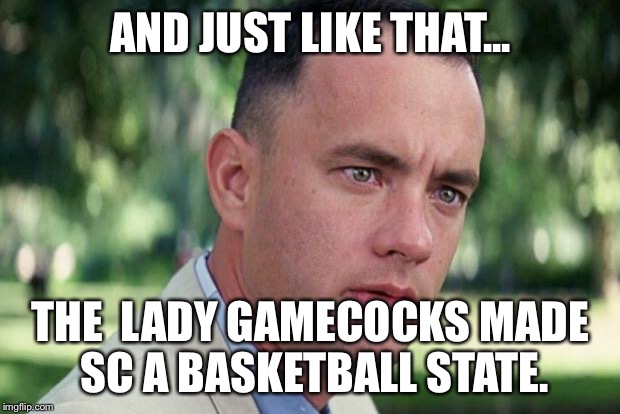 And Just Like That Meme | AND JUST LIKE THAT... THE  LADY GAMECOCKS MADE SC A BASKETBALL STATE. | image tagged in forrest gump | made w/ Imgflip meme maker