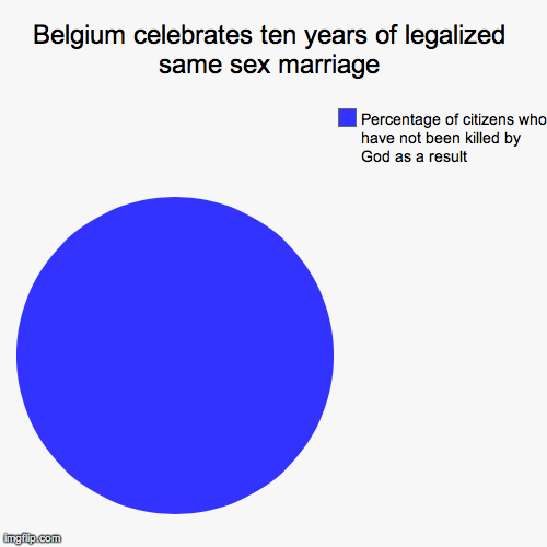 Belgium celebrates ten years of legalized same sex marriage | Percentage of citizens who have not been killed by God as a result | image tagged in funny,pie charts | made w/ Imgflip chart maker