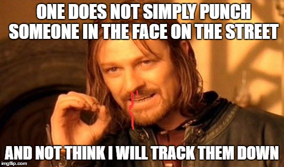 One Does Not Simply | ONE DOES NOT SIMPLY PUNCH SOMEONE IN THE FACE ON THE STREET; AND NOT THINK I WILL TRACK THEM DOWN | image tagged in memes,one does not simply | made w/ Imgflip meme maker